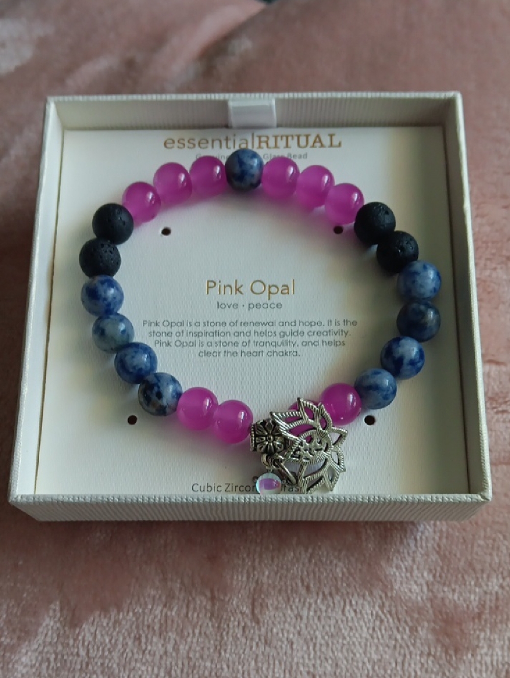 Calming bracelet Essential Ritual Pink Opal & Blue beaded  Lotus Charm